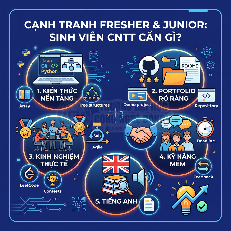 Infographic kỹ năng cần có cho sinh viên CNTT để cạnh tranh fresher và junior trong ngành lập trình