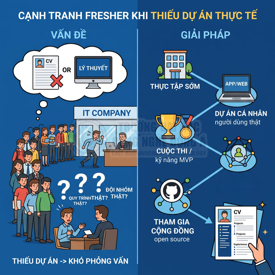 Infographic cạnh tranh fresher IT thiếu dự án thực tế và giải pháp thực tập, dự án cá nhân, cuộc thi, cộng đồng open source