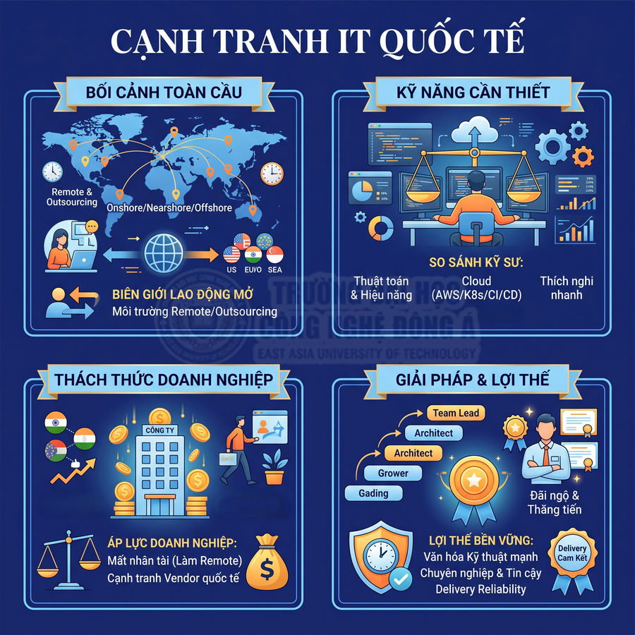 Infographic về cạnh tranh IT quốc tế, kỹ năng cần thiết, thách thức doanh nghiệp và giải pháp lợi thế cho ngành công nghệ