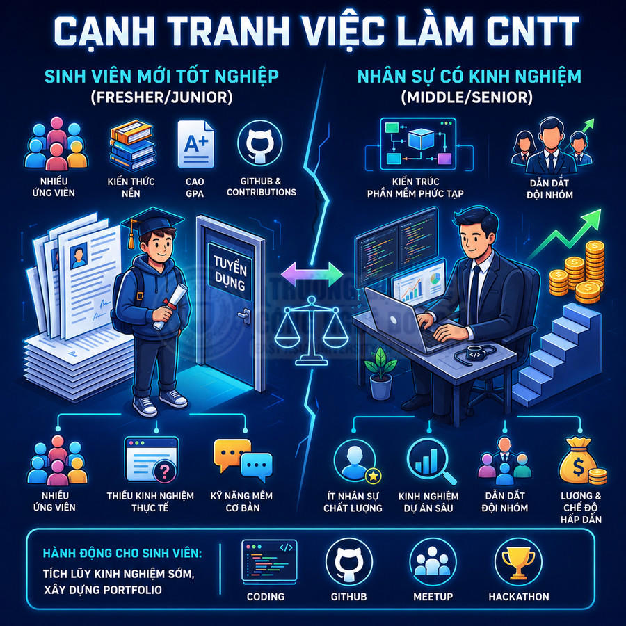 Infographic so sánh cạnh tranh việc làm IT giữa sinh viên mới tốt nghiệp và nhân sự có kinh nghiệm