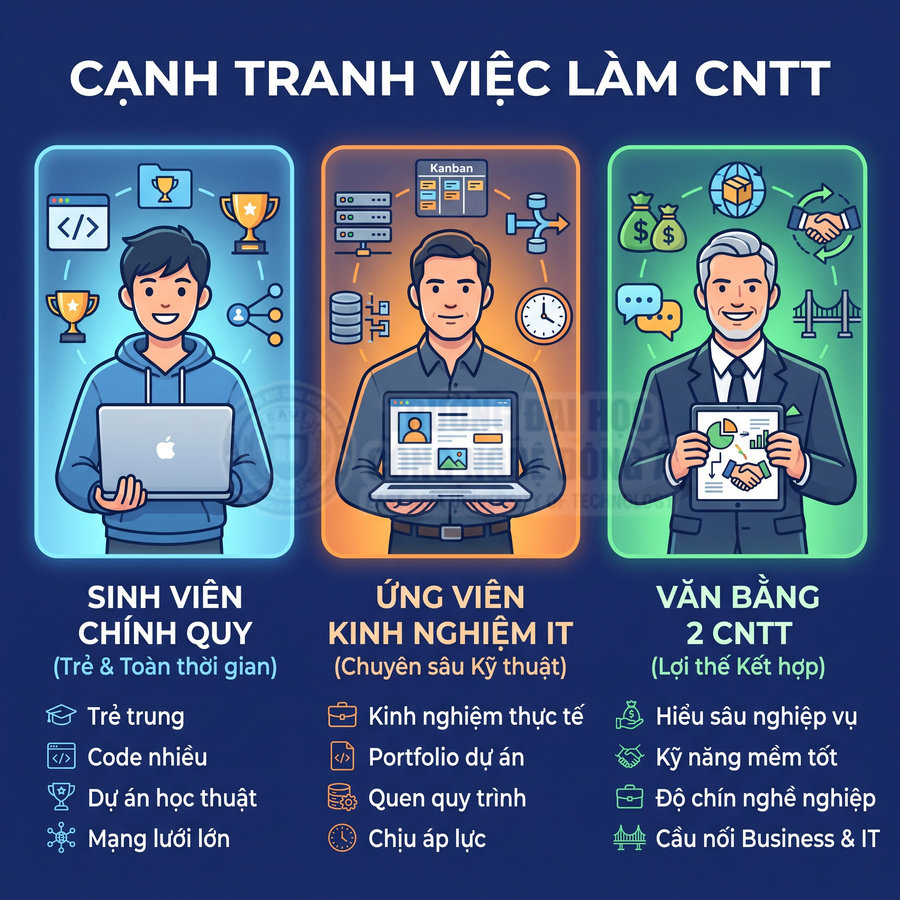 Infographic so sánh sinh viên CNTT, ứng viên kinh nghiệm IT và người có văn bằng 2 CNTT trên nền xanh