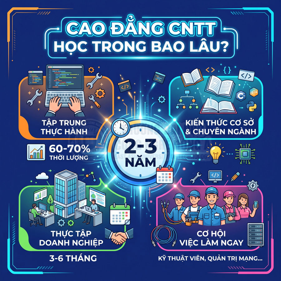 Infographic chương trình cao đẳng CNTT 2-3 năm, tập trung thực hành, thực tập doanh nghiệp và cơ hội việc làm kỹ thuật viên