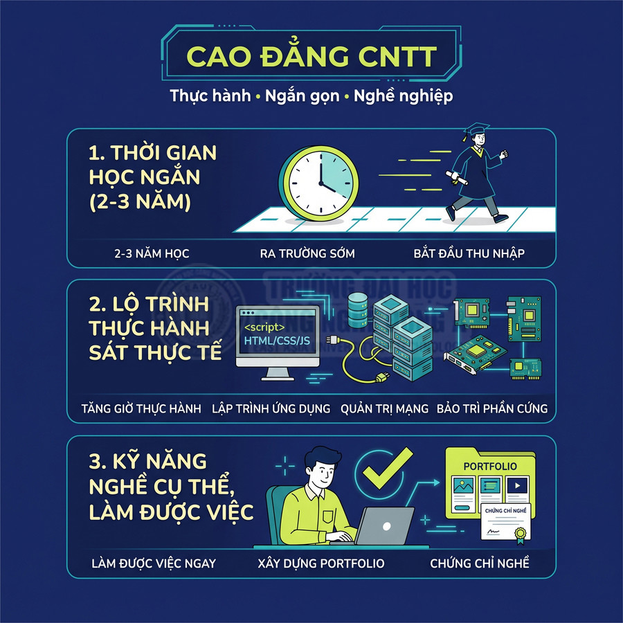 Infographic giới thiệu chương trình cao đẳng CNTT thực hành, lộ trình học 2-3 năm và kỹ năng nghề làm được việc