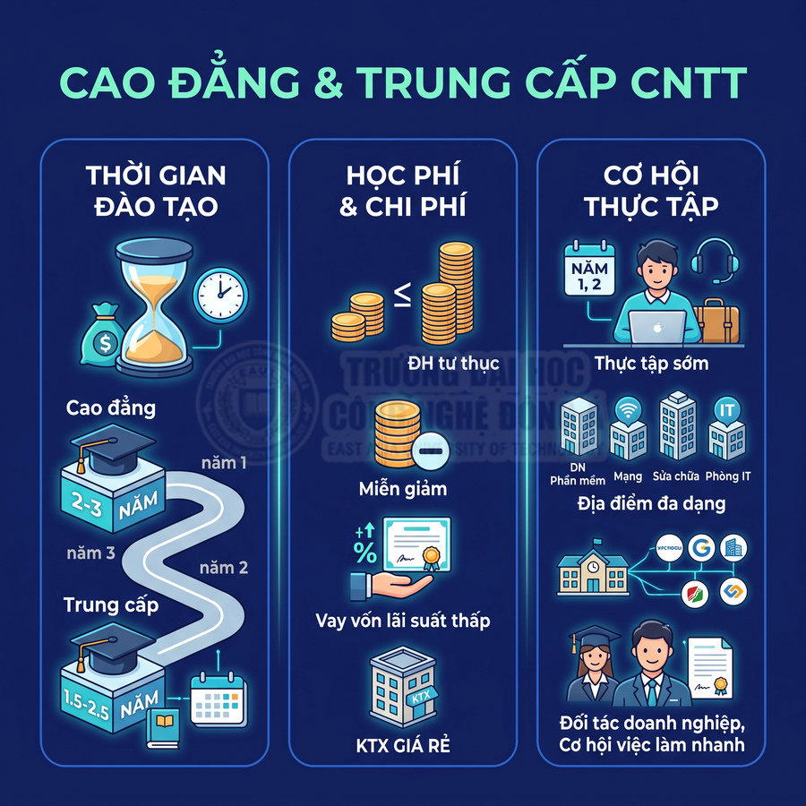 Infographic giới thiệu chương trình cao đẳng và trung cấp CNTT với thời gian đào tạo, học phí và cơ hội thực tập