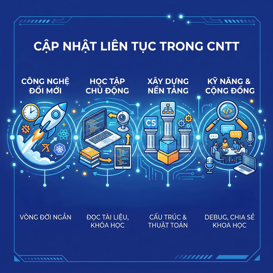 Minh họa quy trình học và cập nhật kiến thức công nghệ thông tin liên tục với các kỹ năng và nền tảng lập trình
