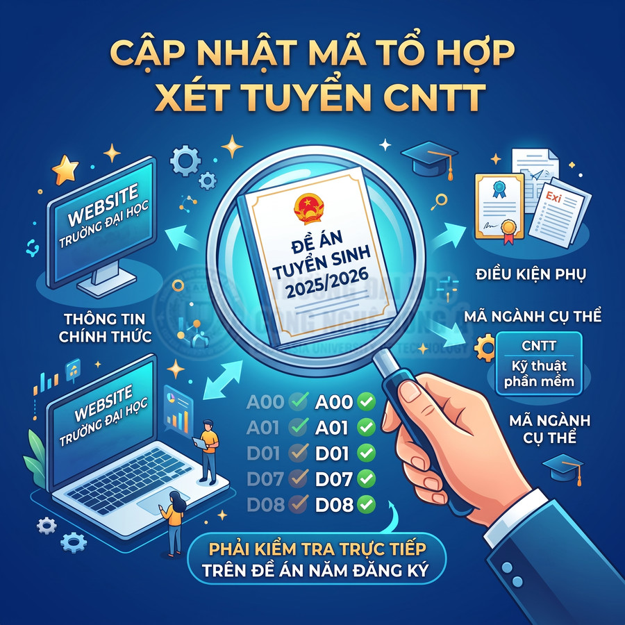 Poster cập nhật mã tổ hợp xét tuyển CNTT 2025 2026 với kính lúp, website trường đại học và danh sách tổ hợp A00 A01 D01 D07 D08