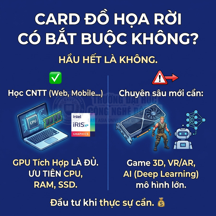 So sánh GPU tích hợp Intel Iris Xe và card đồ họa rời cho học CNTT, game 3D, VR AR, AI Deep Learning