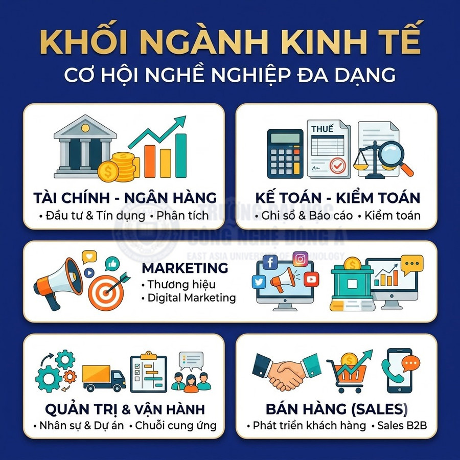 Các khối ngành kinh tế gồm tài chính ngân hàng, kế toán kiểm toán, marketing, quản trị vận hành và bán hàng