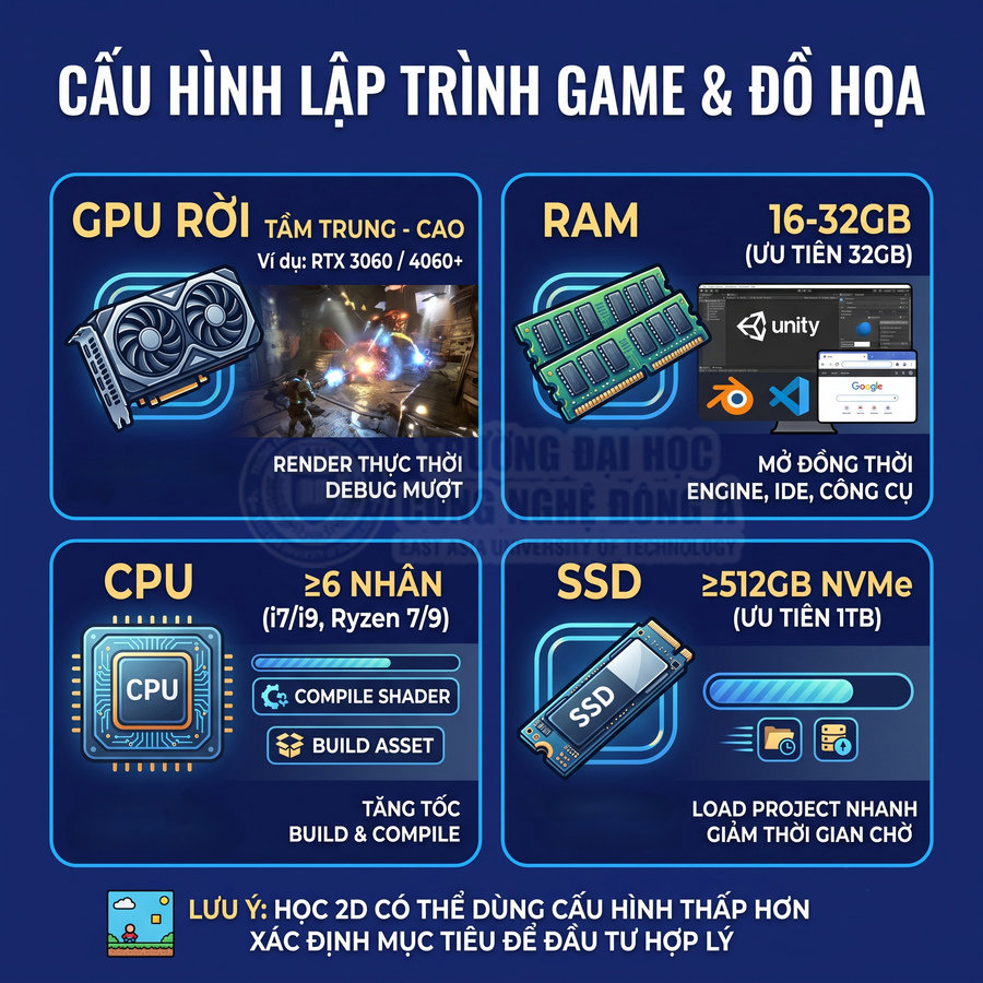 Cấu hình máy tính lập trình game đồ họa với GPU rời RTX 3060 4060 RAM 16 32GB CPU 6 nhân SSD NVMe 512GB