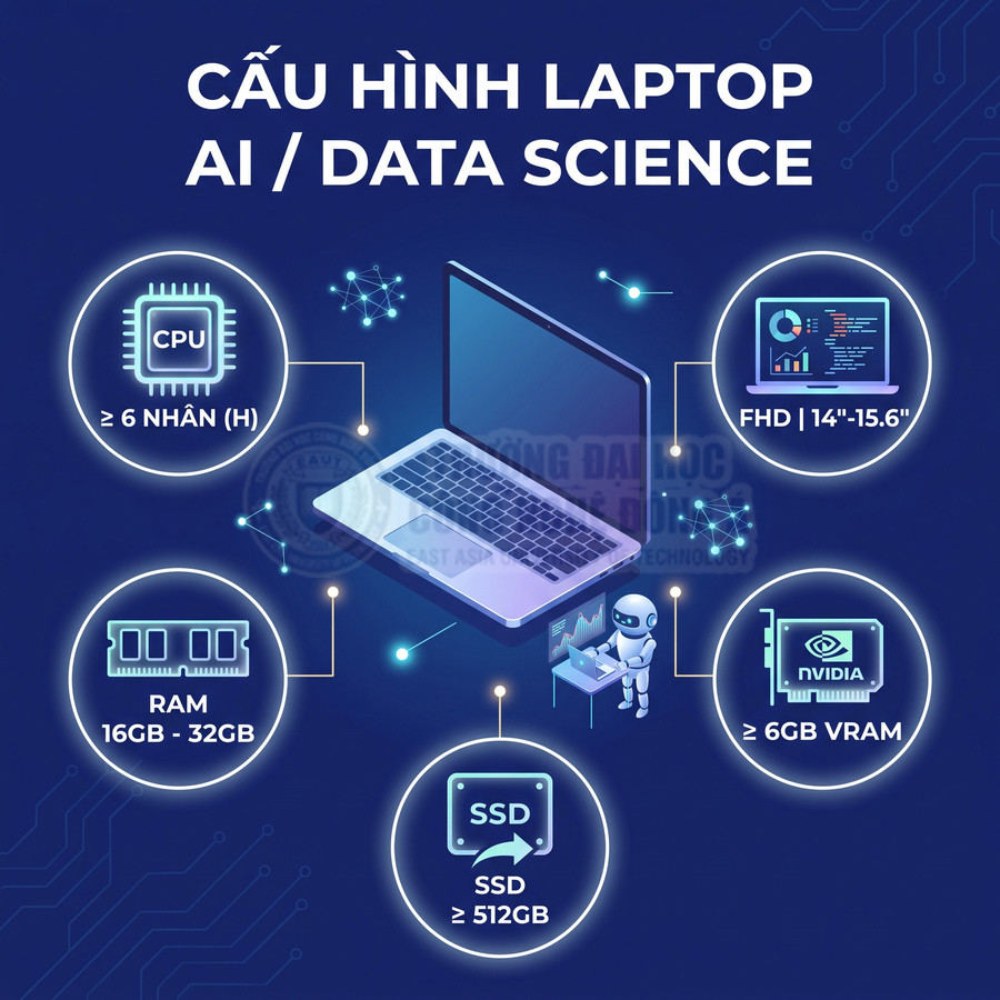 Cấu hình laptop cho AI Data Science với CPU 6 nhân, RAM 16 32GB, SSD 512GB, màn FHD và GPU NVIDIA 6GB VRAM