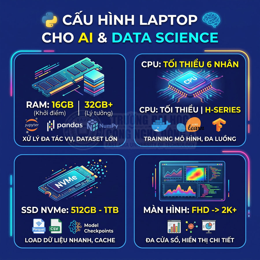 Cấu hình laptop gợi ý cho AI và Data Science với RAM 16GB trở lên, SSD NVMe, CPU tối thiểu 6 nhân, màn hình FHD đến 2K