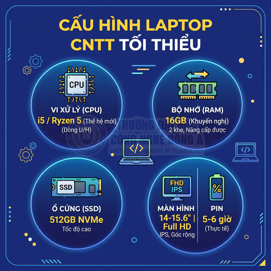 Cấu hình laptop CNTT tối thiểu với CPU i5 hoặc Ryzen 5, RAM 16GB, SSD 512GB NVMe, màn hình 14-15.6 inch Full HD, pin 5-6 giờ