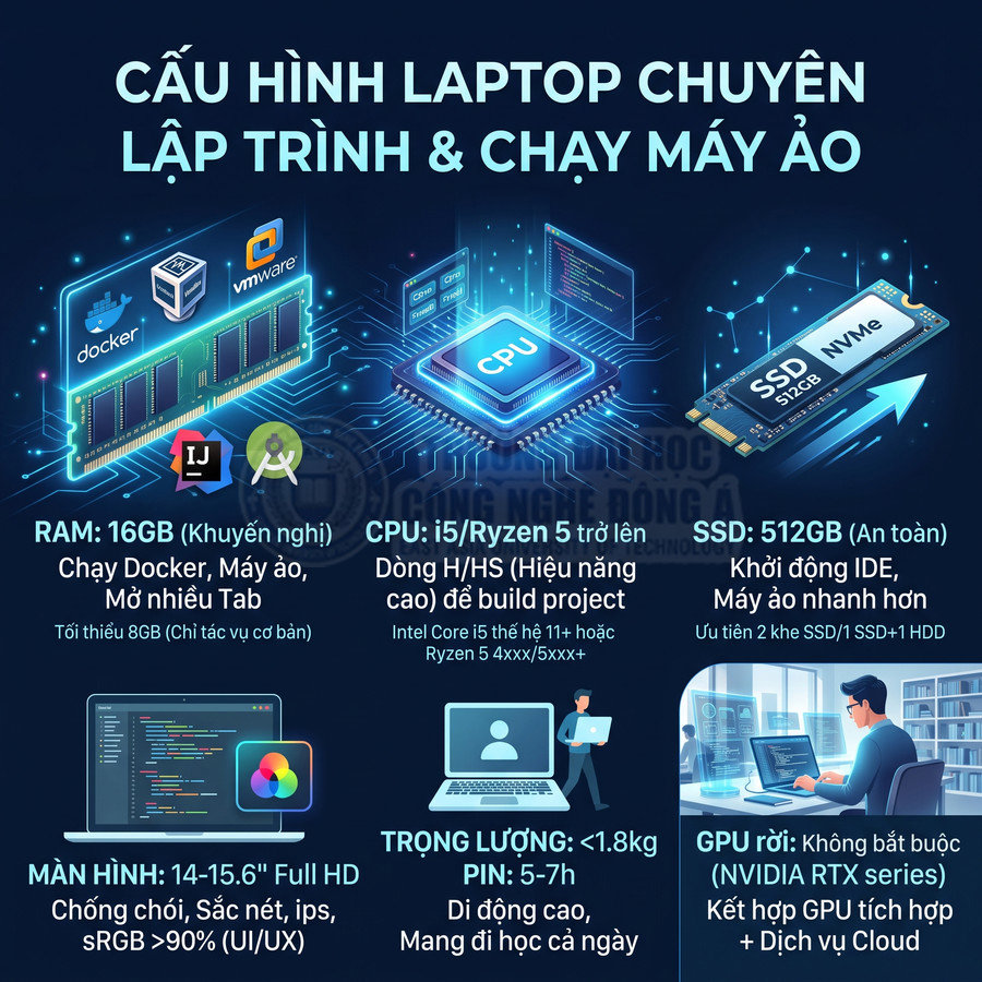 Cấu hình laptop lập trình và chạy máy ảo với CPU i5 hoặc Ryzen 5, RAM 16GB, SSD 512GB, màn hình 14-15.6 inch
