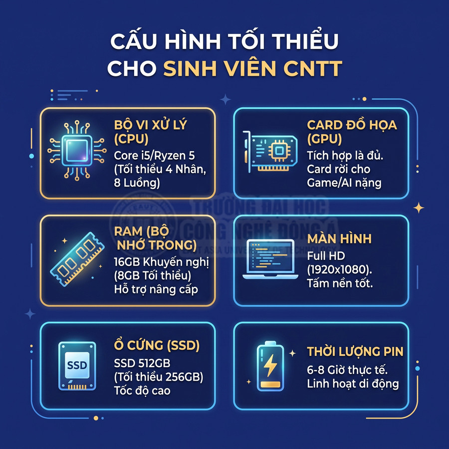 Infographic cấu hình laptop tối thiểu cho sinh viên CNTT với CPU i5 Ryzen 5, RAM 16GB, SSD 512GB, màn hình Full HD