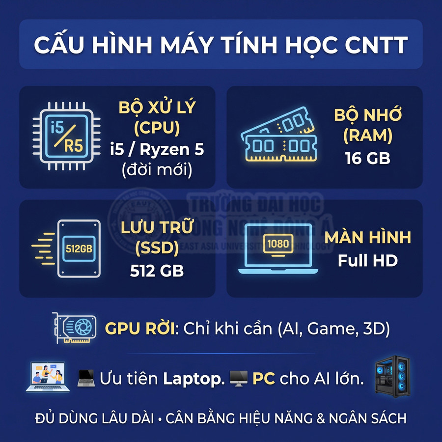 Cấu hình laptop học CNTT với CPU i5 hoặc Ryzen 5, RAM 16GB, SSD 512GB, màn hình Full HD, tùy chọn GPU rời