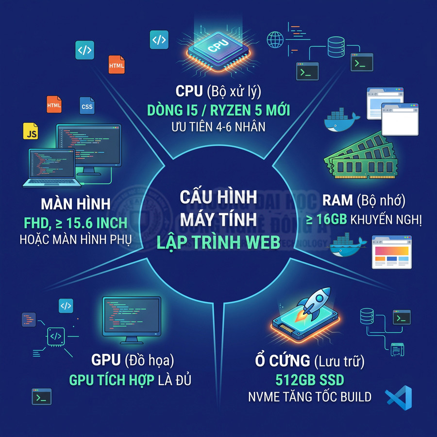 Cấu hình máy tính lập trình web với CPU i5 hoặc Ryzen 5, RAM 16GB, SSD 512GB, màn hình FHD và GPU tích hợp