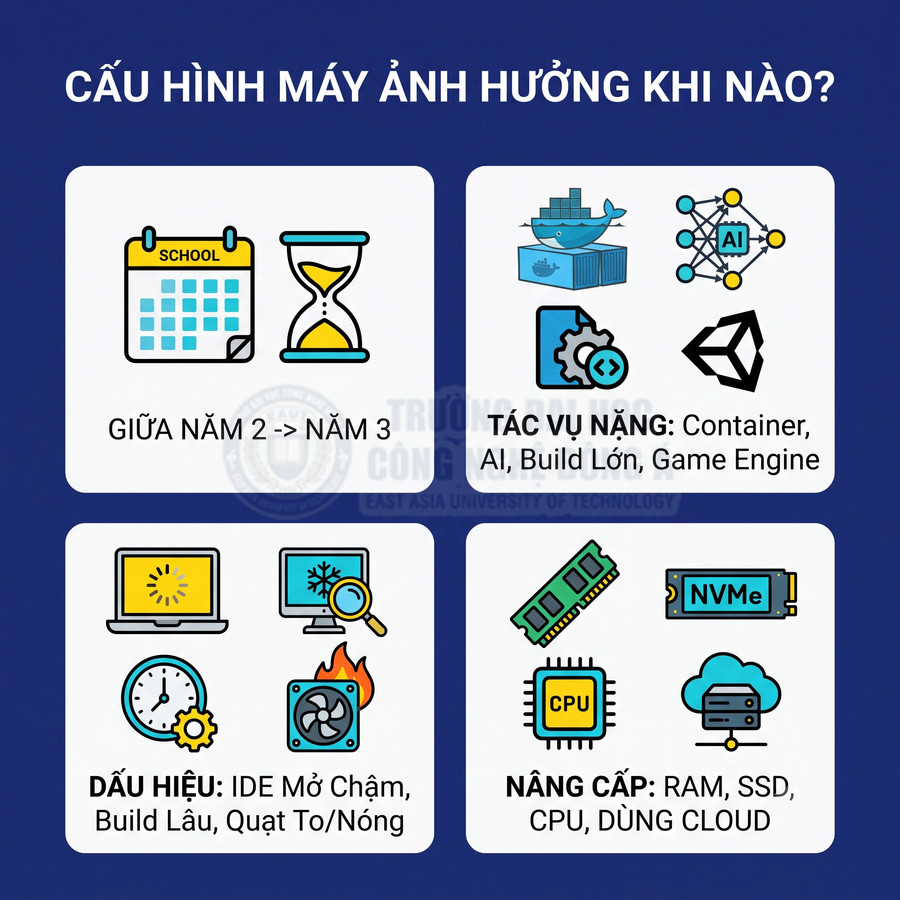 Infographic hướng dẫn khi nào cần nâng cấp cấu hình máy tính cho sinh viên công nghệ thông tin
