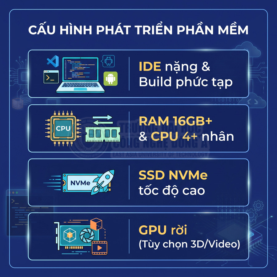 Cấu hình máy tính phát triển phần mềm với RAM 16GB, CPU 4 nhân, SSD NVMe và GPU rời