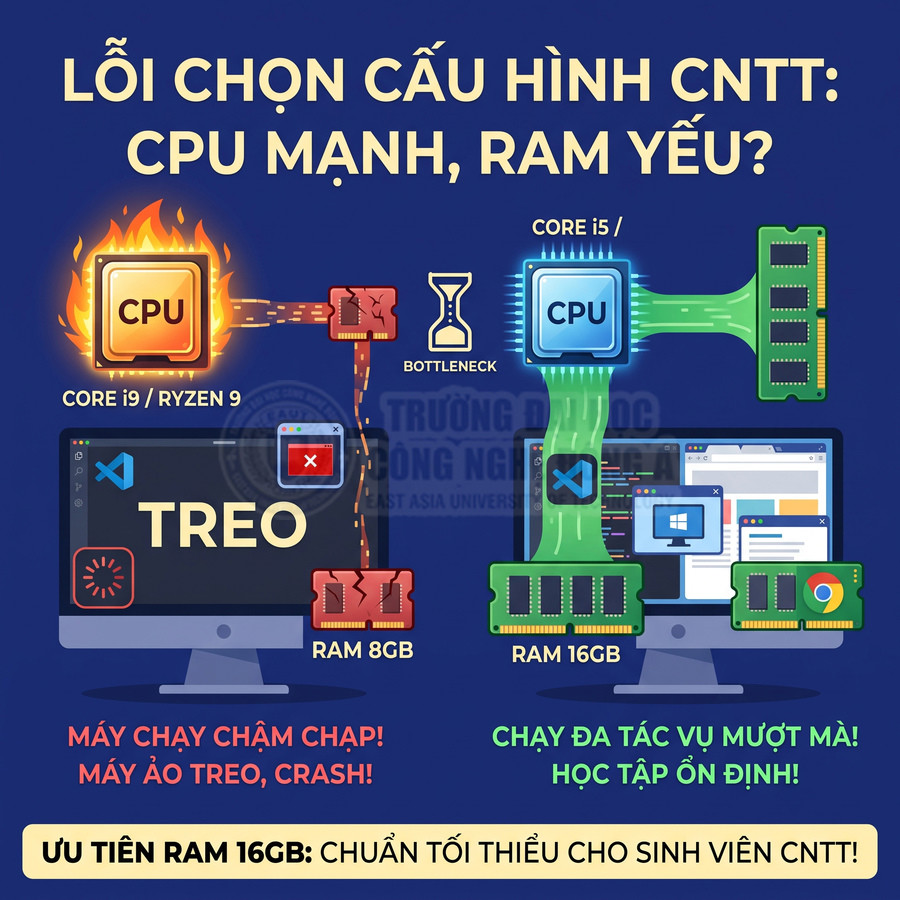 So sánh máy tính CPU mạnh RAM 8GB bị treo với máy CPU tầm trung RAM 16GB chạy đa nhiệm mượt cho sinh viên CNTT