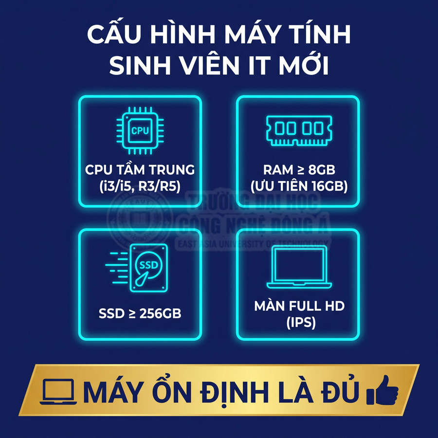 Cấu hình laptop cho sinh viên IT với CPU tầm trung, RAM từ 8GB, SSD 256GB và màn hình Full HD IPS
