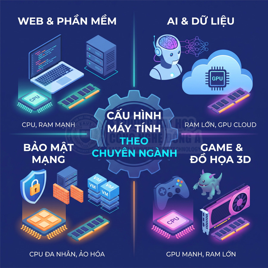 Minh họa cấu hình máy tính theo chuyên ngành web, AI, bảo mật mạng, game và đồ họa 3D với CPU, GPU, RAM