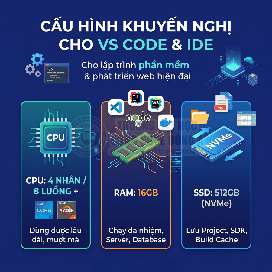 Cấu hình máy tính khuyến nghị cho VS Code và IDE với CPU 4 nhân 8 luồng, RAM 16GB, SSD NVMe 512GB