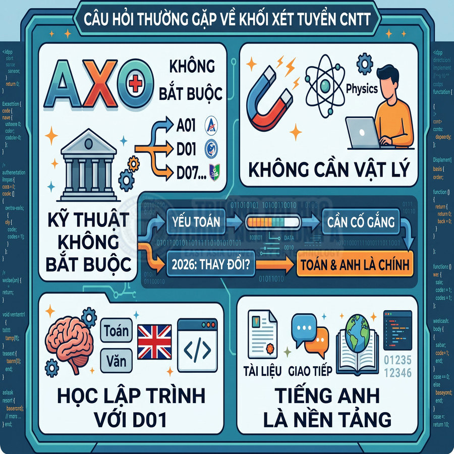 Infographic tư vấn khối xét tuyển CNTT, nhấn mạnh không cần vật lý, học lập trình với D01 và tiếng Anh là nền tảng