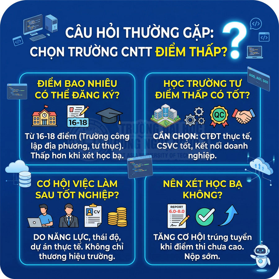 Infographic tư vấn chọn trường CNTT điểm thấp, giải đáp điểm xét tuyển, học trường tư, cơ hội việc làm và xét học bạ