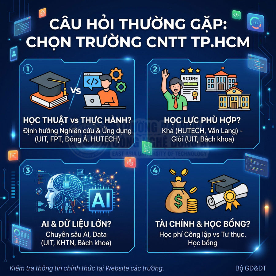 Infographic câu hỏi thường gặp khi chọn trường CNTT TP.HCM về học thuật, học lực, AI dữ liệu lớn, tài chính và học bổng