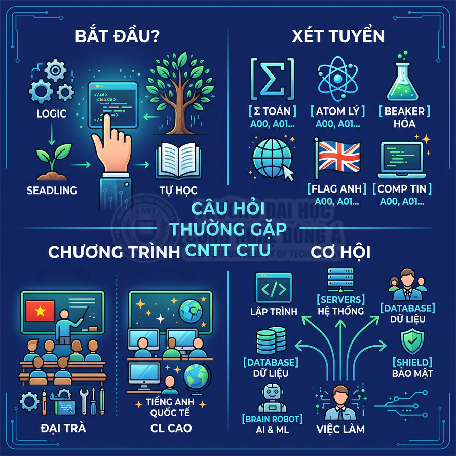 Infographic giới thiệu chương trình công nghệ thông tin CTU, lộ trình học, khối xét tuyển và cơ hội việc làm