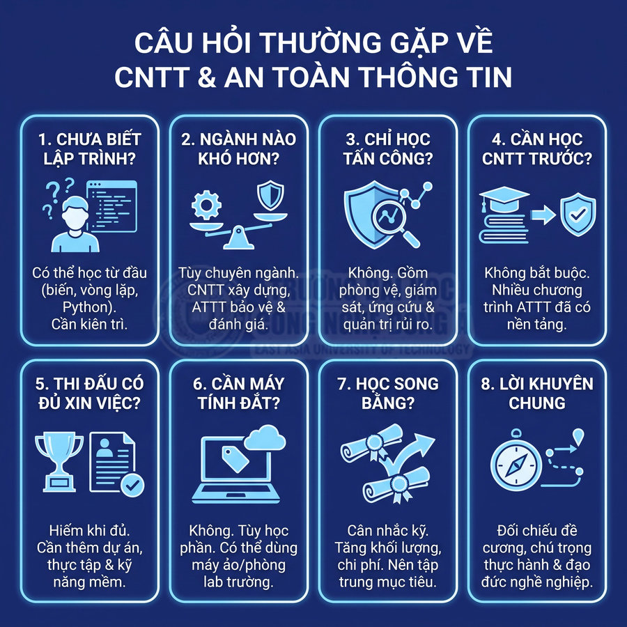 Các câu hỏi thường gặp về CNTT và an toàn thông tin, từ lập trình, chuyên ngành đến học tập và việc làm