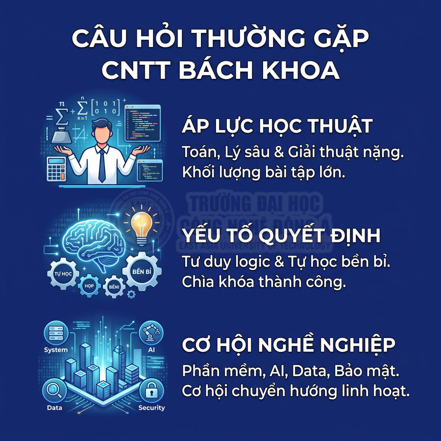 Infographic giới thiệu áp lực học, yếu tố quyết định và cơ hội nghề nghiệp ngành CNTT Bách khoa
