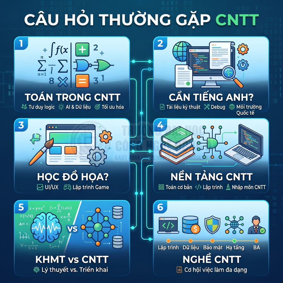 Infographic các câu hỏi thường gặp về ngành CNTT, gồm toán, tiếng Anh, đồ họa, nền tảng, KHMT và nghề nghiệp