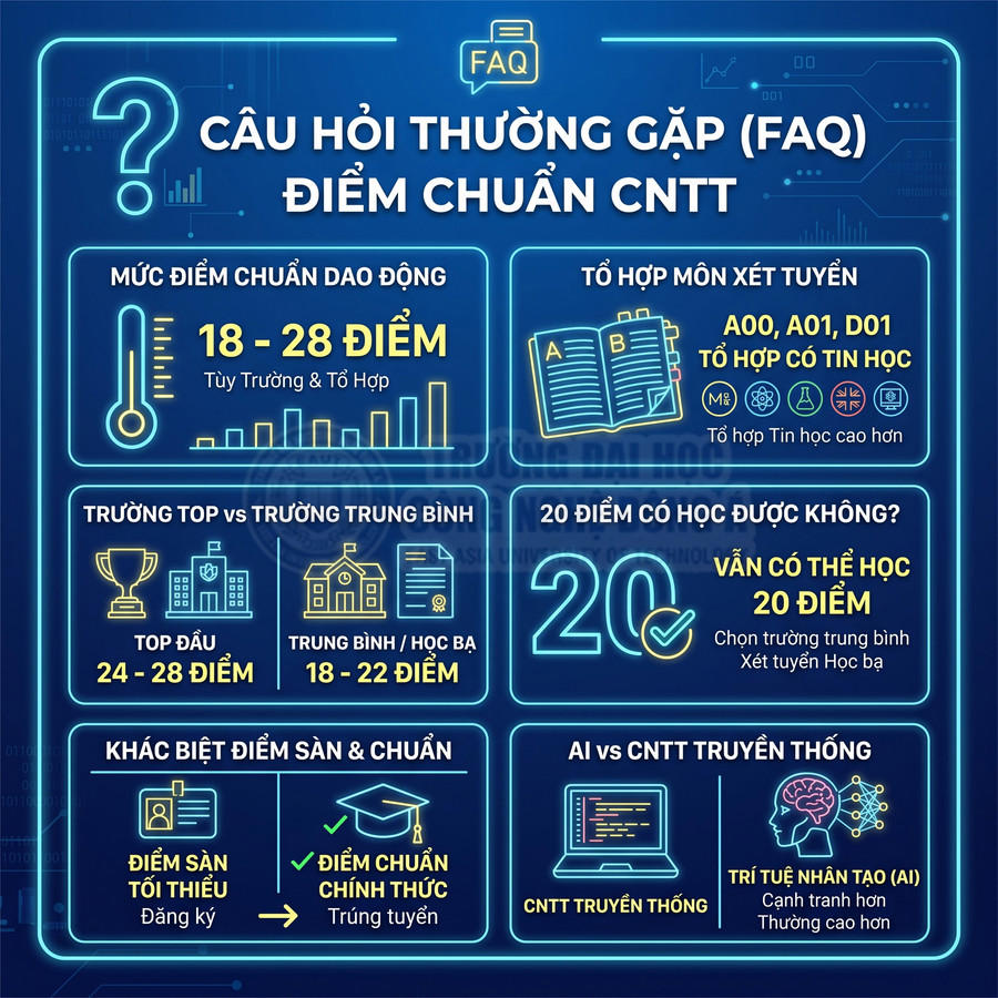 Infographic FAQ về điểm chuẩn ngành công nghệ thông tin, mức điểm dao động 18 đến 28 và các tổ hợp xét tuyển
