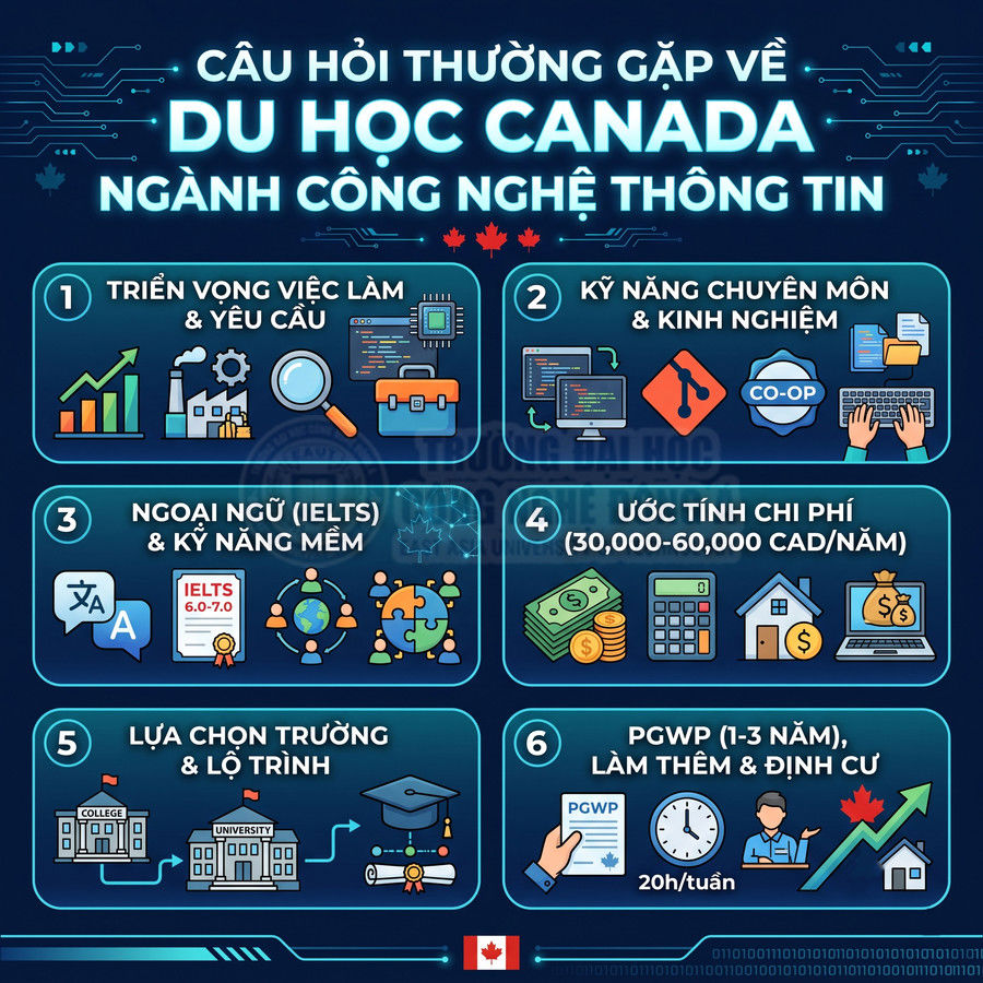 Infographic câu hỏi thường gặp về du học Canada ngành công nghệ thông tin, yêu cầu, chi phí và lộ trình học tập