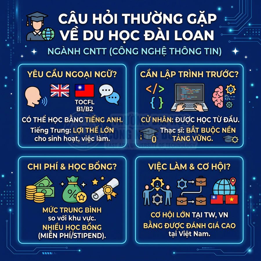 Infographic câu hỏi thường gặp về du học Đài Loan ngành công nghệ thông tin, yêu cầu ngoại ngữ, lập trình, học bổng, cơ hội việc làm