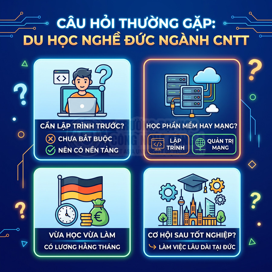 Infographic câu hỏi thường gặp về du học nghề Đức ngành CNTT, yêu cầu lập trình, lựa chọn chuyên ngành và cơ hội việc làm