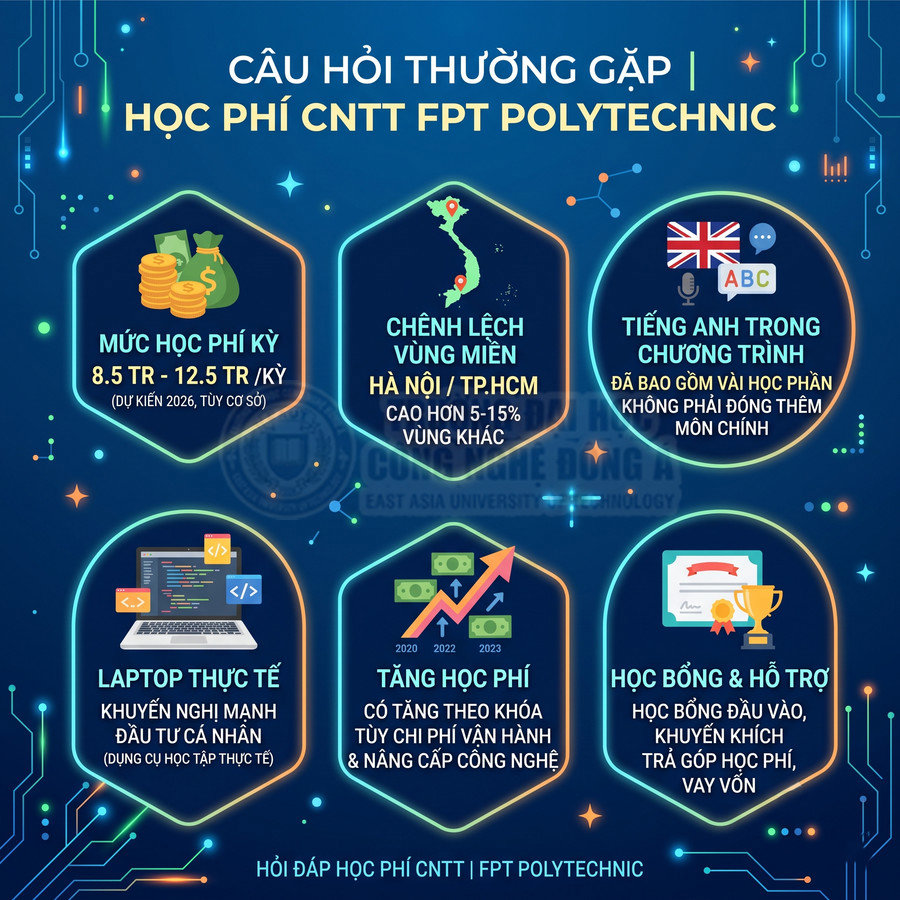Infographic học phí ngành CNTT FPT Polytechnic với thông tin mức học phí, chênh lệch vùng miền, học bổng và hỗ trợ