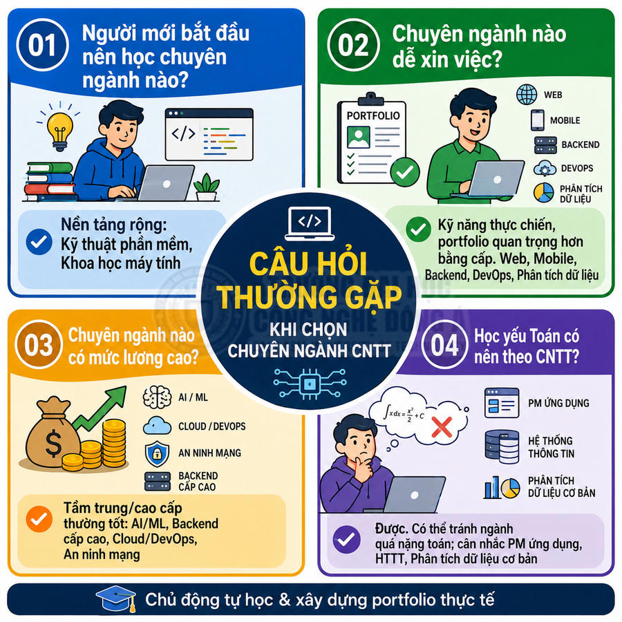 Infographic giải đáp các câu hỏi thường gặp khi chọn chuyên ngành công nghệ thông tin cho người mới bắt đầu