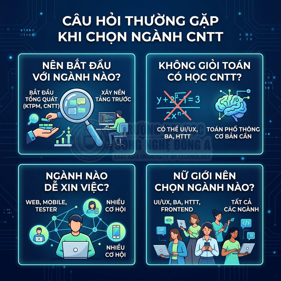 Infographic giải đáp các câu hỏi thường gặp khi chọn ngành công nghệ thông tin cho học sinh sinh viên