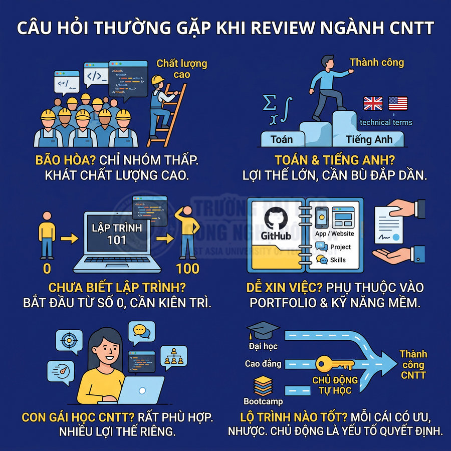 Infographic giải đáp các câu hỏi thường gặp khi review ngành công nghệ thông tin, kỹ năng cần có và lộ trình học CNTT