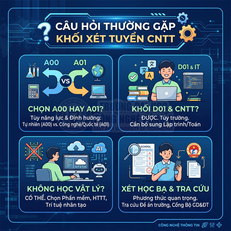 Infographic tư vấn chọn khối xét tuyển CNTT A00 A01 D01, học CNTT không cần Vật lý và xét học bạ tra cứu thông tin