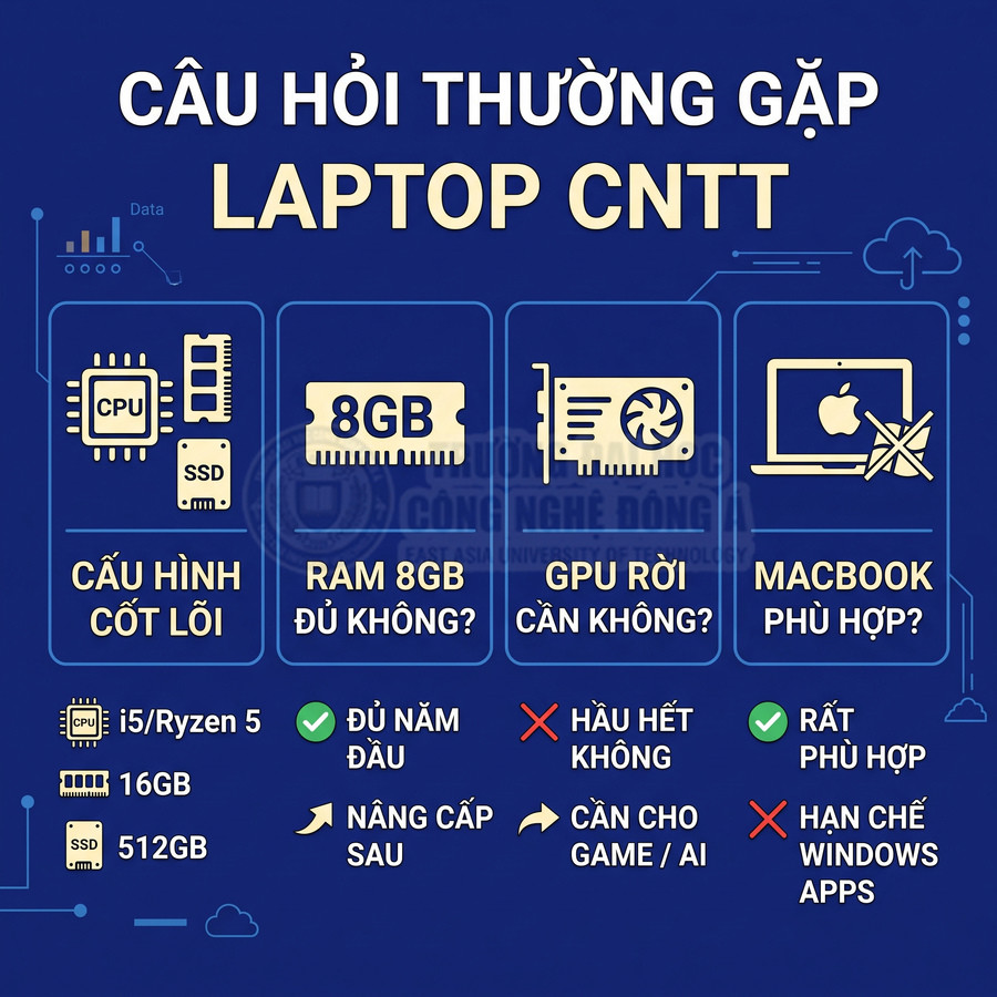 Infographic tư vấn cấu hình laptop CNTT: CPU i5 hoặc Ryzen 5, RAM 16GB, SSD 512GB, GPU rời cho game AI, cân nhắc MacBook