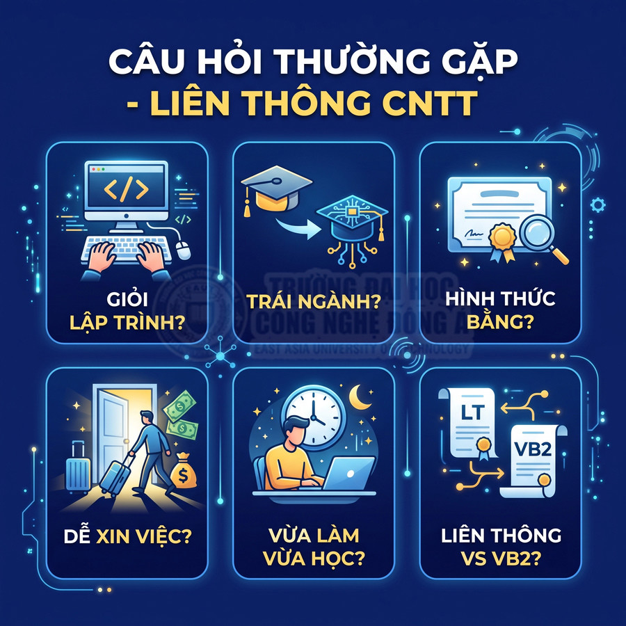 Poster câu hỏi thường gặp về chương trình liên thông công nghệ thông tin với các minh họa học tập và việc làm