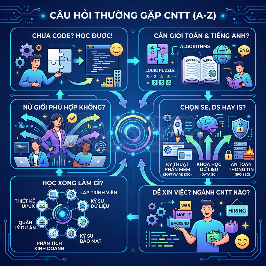 Infographic giải đáp các câu hỏi thường gặp về ngành công nghệ thông tin và định hướng nghề nghiệp cho sinh viên