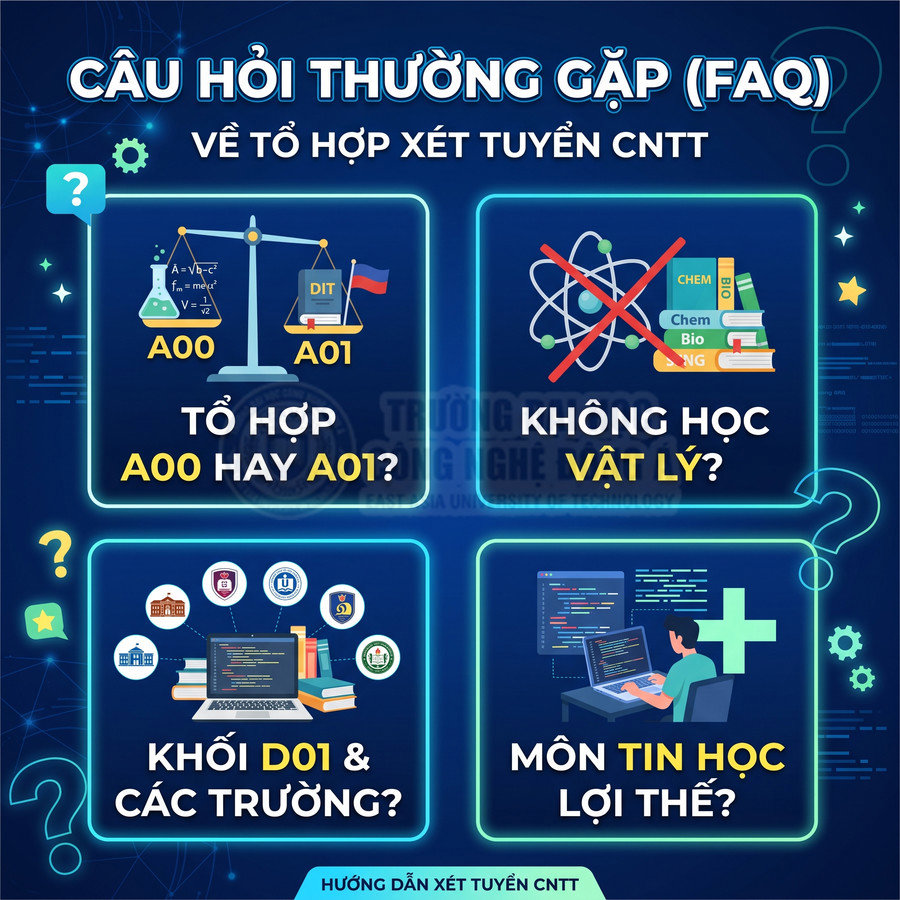 Poster câu hỏi thường gặp về tổ hợp xét tuyển CNTT, so sánh A00 A01, khối D01 và lợi thế môn Tin học