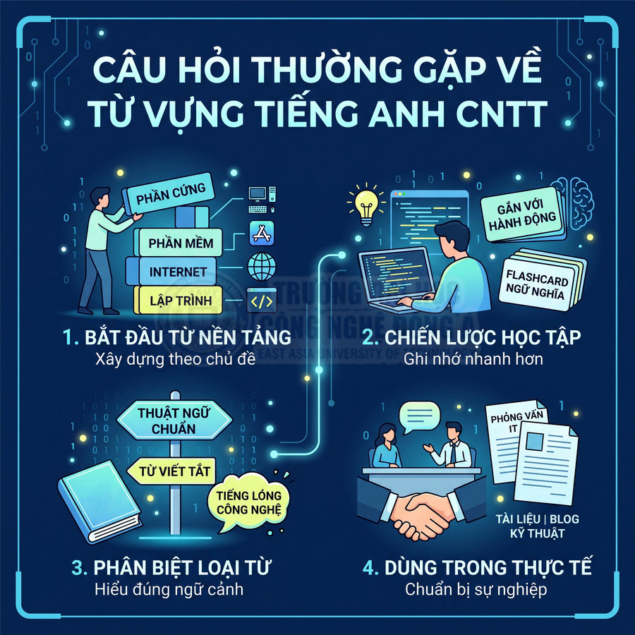 Câu hỏi thường gặp về từ vựng tiếng Anh CNTT với 4 bước học nền tảng, chiến lược, phân biệt loại từ và ứng dụng thực tế