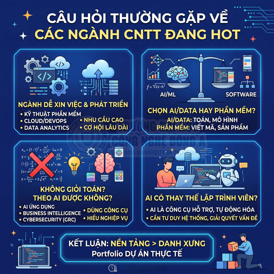 Infographic các ngành CNTT hot như AI, data, kỹ thuật phần mềm, cloud, cybersecurity và cơ hội nghề nghiệp