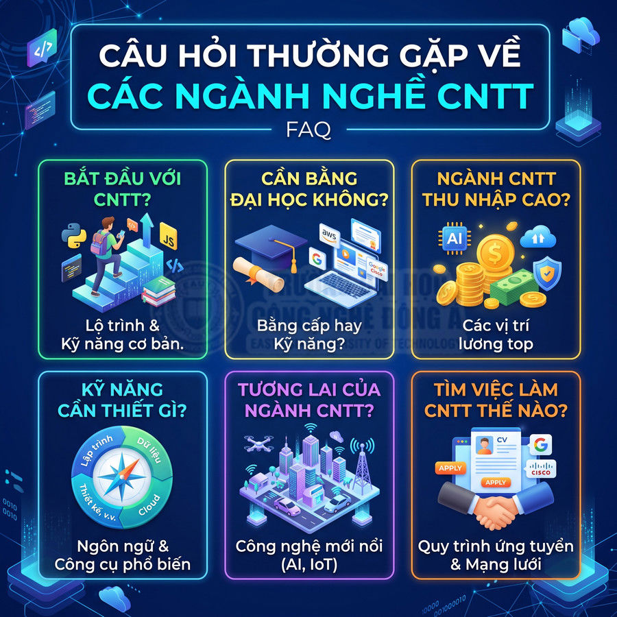 Các câu hỏi thường gặp về ngành nghề CNTT, lộ trình học, kỹ năng, thu nhập, tương lai và cách tìm việc