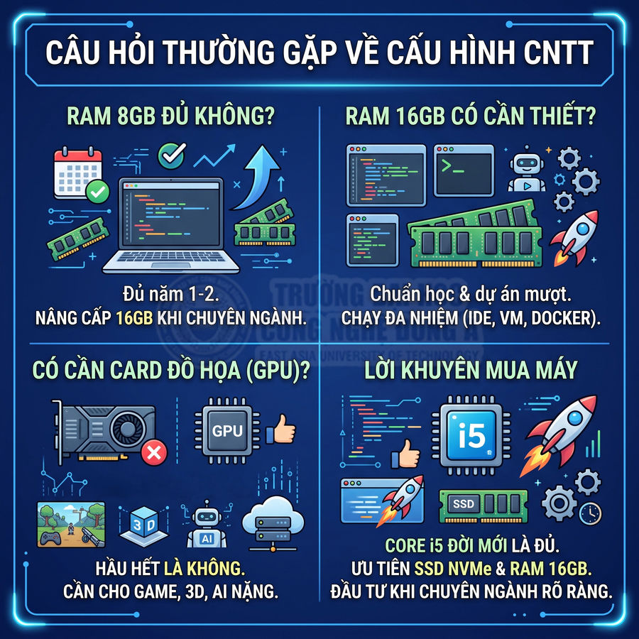 Infographic tư vấn cấu hình laptop CNTT với RAM 8GB, 16GB, card đồ họa, CPU Core i5 và SSD NVMe
